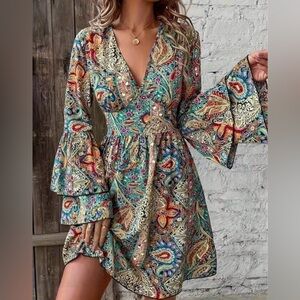 SHEIN Blue and Orange Tiered Ruffled Long Sleeve Dress